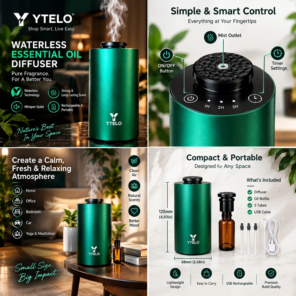 YTELO Emerald Green waterless essential oil diffuser infographic showing control buttons, mist outlet, home use, product dimensions, and included accessories.