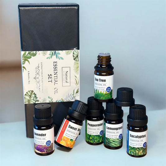 6-Piece Essential Oils Kit Perfect for diffusers, humidifiers, home fragrance, perfume creation, candle making, and soap making.