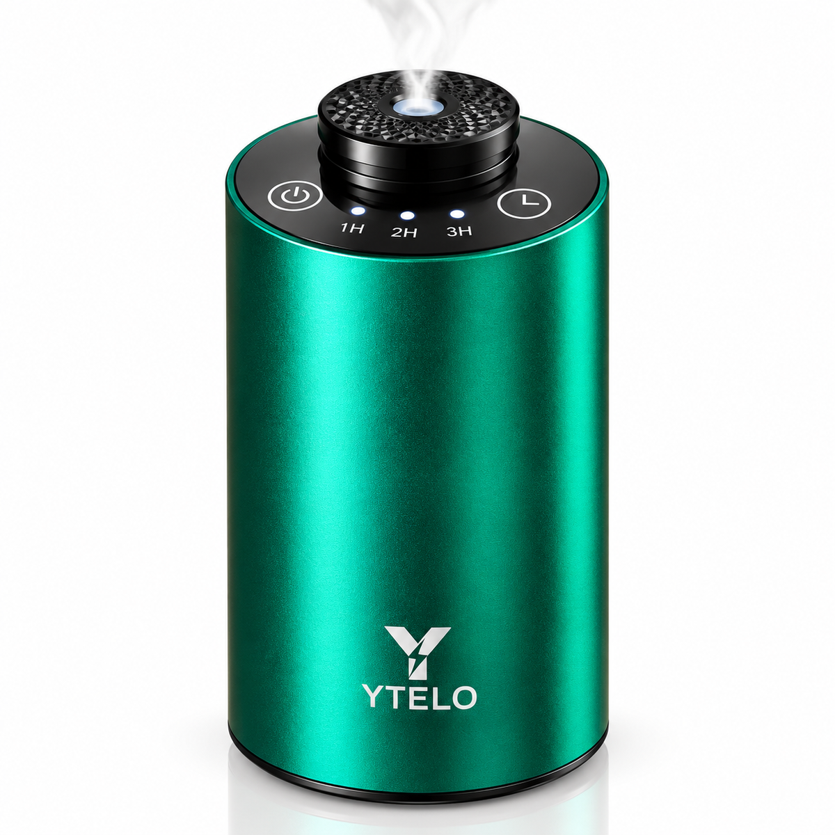 YTELO Emerald Green waterless essential oil diffuser with metallic finish, black control panel, and fine mist on a clean white studio background.