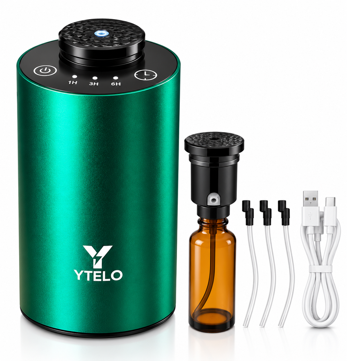 A YTELO portable electric diffuser in metallic green with a black top, shown alongside an amber glass bottle, four clear silicone nozzles, and a white USB charging cable on a white background.