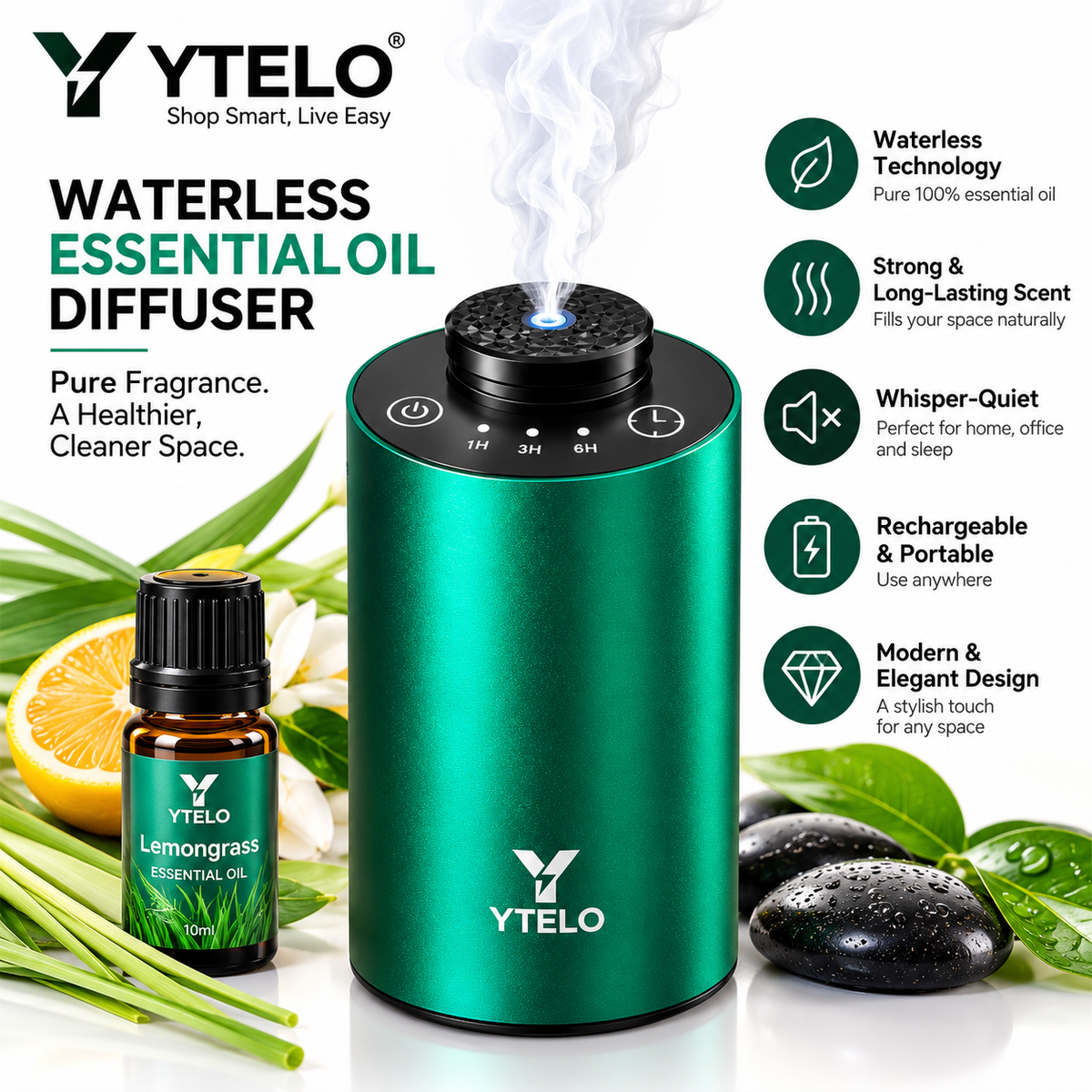 YTELO Emerald Green waterless essential oil diffuser displayed with an amber oil bottle, green leaves, citrus accents, and aromatherapy feature highlights.