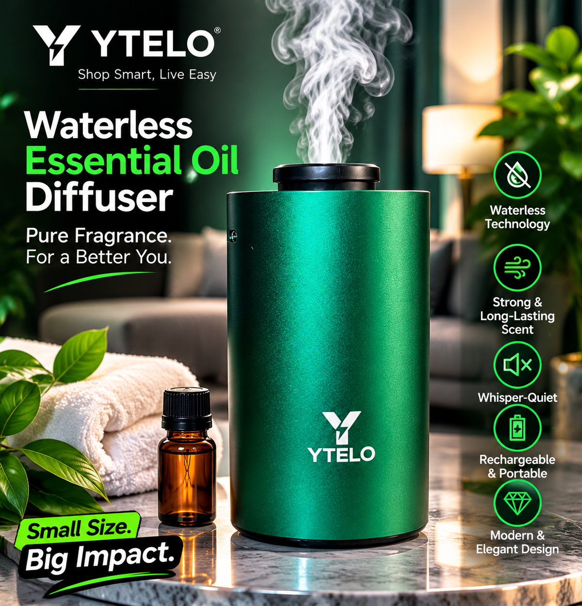 YTELO Emerald Green rechargeable waterless essential oil diffuser infographic highlighting its metallic design, waterless technology, and portable features.